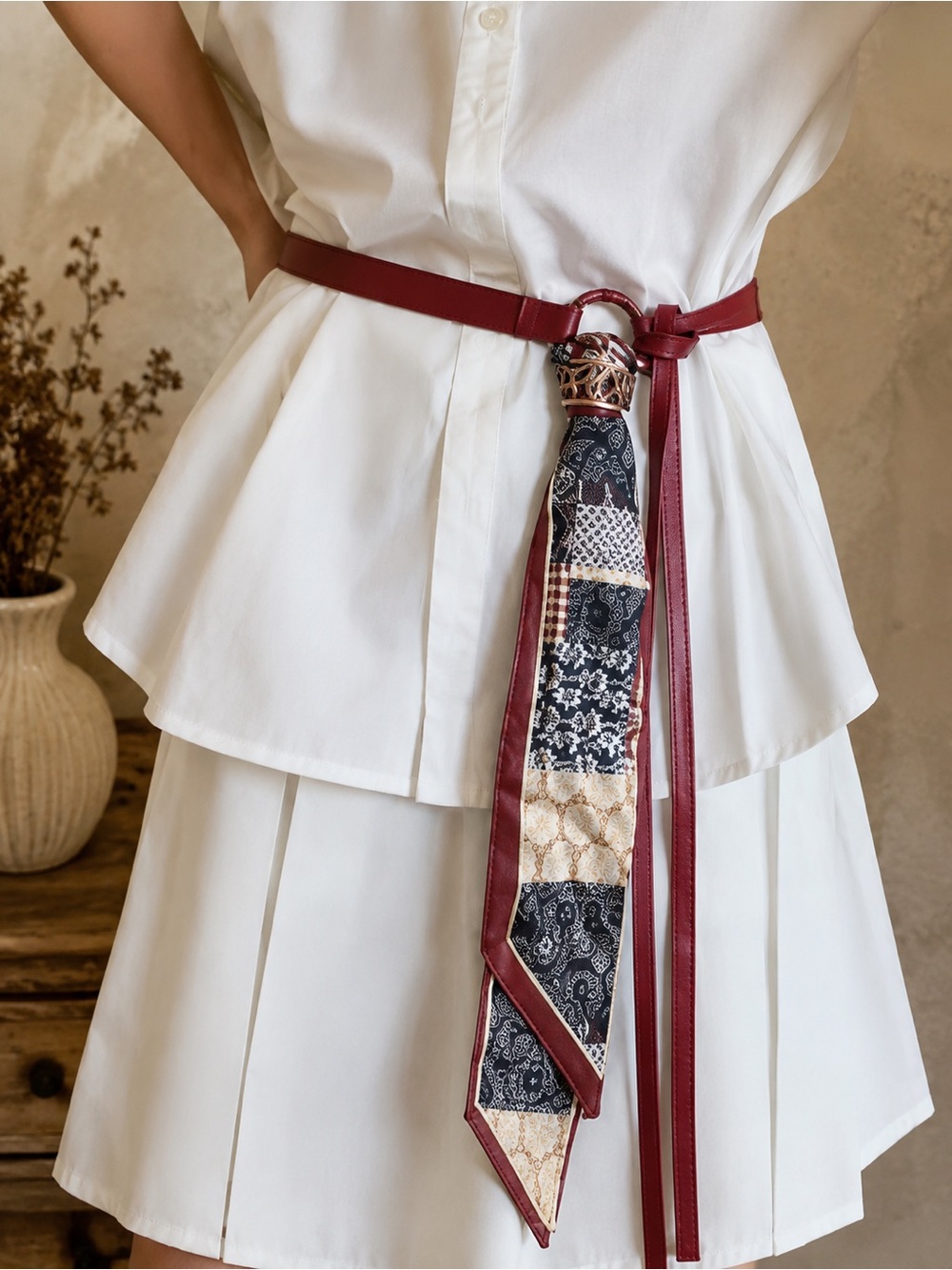 Vintage Style Burgundy Patchwork Scarf Ring Belt Women’s Waist Tie Belt 90cm